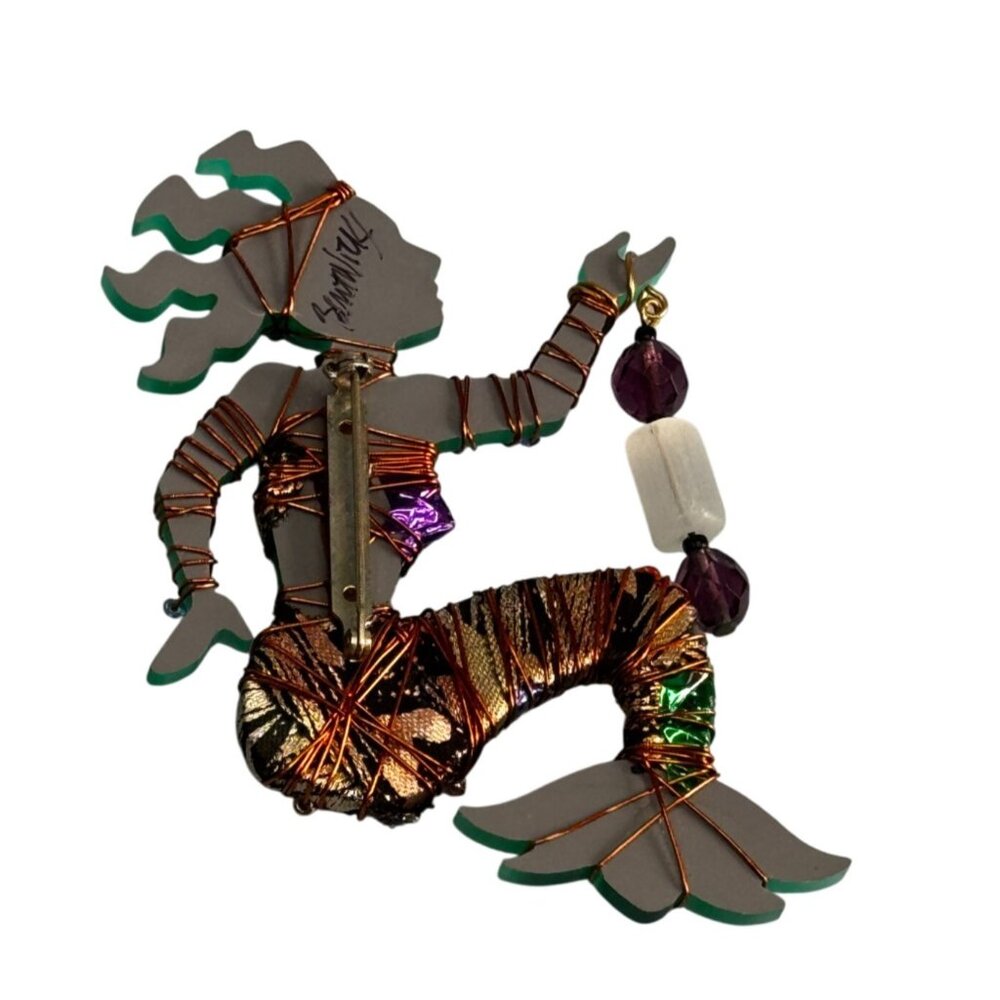 Bent Nicks Mermaid Brooch Signed Wire-Wrapped Beaded Black Lucite 4x2¾ Green - Picture 6 of 6
